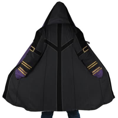 A person wearing the Rimuru Tempest Cosplay V2 Dream Cloak Coat from That Time I Got Reincarnated as a Slime, featuring a long black design with gold and purple accents, wide sleeves, decorative arm stripes, and the hood up from behind.