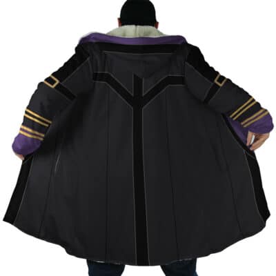 A person stands with their back to the camera, spreading open a Rimuru Tempest Cosplay V2 Dream Cloak Coat from That Time I Got Reincarnated as a Slime, featuring black fabric with purple accents, gold striped sleeves, and a white fur collar.