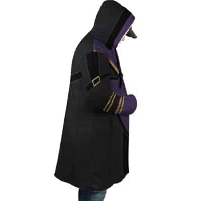 A person stands in profile against a white background, wearing blue jeans, a cap under the hood, and the Rimuru Tempest Cosplay V2 Dream Cloak Coat from That Time I Got Reincarnated as a Slime.