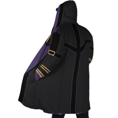 A person wearing the Rimuru Tempest Cosplay V2 Dream Cloak Coat from That Time I Got Reincarnated as a Slime, featuring a long black design with gold accents, purple lining, a hood, and a cross-like pattern on the back.