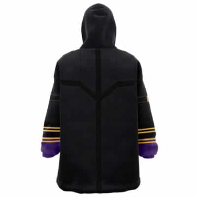 A person wearing the Rimuru Tempest Cosplay V2 Oversized Blanket Hoodie from That Time I Got Reincarnated as a Slime, featuring black fabric with gold sleeve stripes and purple gloves, viewed from the back against a white background.