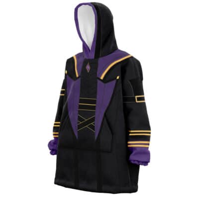 The Rimuru Tempest Cosplay V2 Oversized Blanket Hoodie features gold, purple, and dark gray armor-like designs on black fabric, a large front pocket, and a purple-lined hood—perfect for fans of That Time I Got Reincarnated as a Slime.