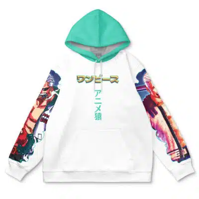 The Bartholomew Kuma One Piece Streetwear Hoodie features a white base, turquoise hood, colorful anime-style sleeve art, and green and gold Japanese text on the front.