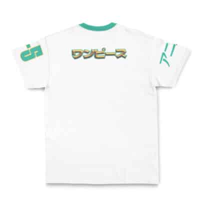 Bartholomew Kuma One Piece Streetwear T-Shirt: white tee with green collar and sleeve cuffs, featuring stylized yellow and green Japanese text on the back and sleeves.