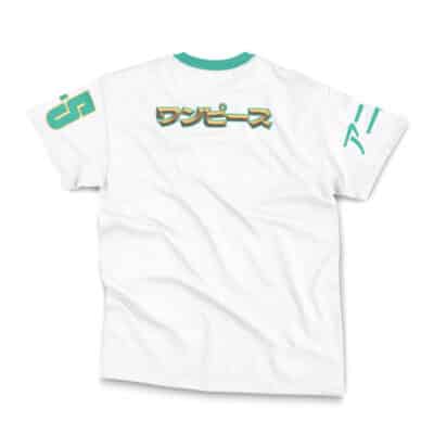 The Bartholomew Kuma One Piece Streetwear T-Shirt is a white shirt with green trim, showcasing yellow and green Japanese katakana text—ワンピース—on the back and extra Japanese text on the sleeves.