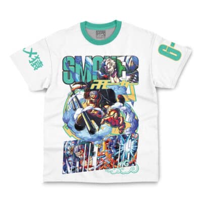 The Bartholomew Kuma One Piece Streetwear T-Shirt (Copy) is a white tee with green collar and sleeves, anime-inspired graphics, bold text like SMOKE and WHITE, Japanese on one sleeve, and the number 6 on the other.