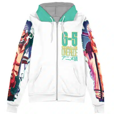 Bartholomew Kuma One Piece Streetwear Zip Hoodie Jacket: White zip-up hoodie with teal hood lining, anime graphics on sleeves, and G-5 ONE PIECE with Japanese text on the chest.