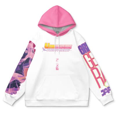 The Hatsune Miku V2 Vocaloid Streetwear Hoodie is a white hoodie with a pink hood, featuring colorful anime-style graphics, the “Hatsune Miku V2” logo on the chest, and bold pink and yellow text on the sleeves.