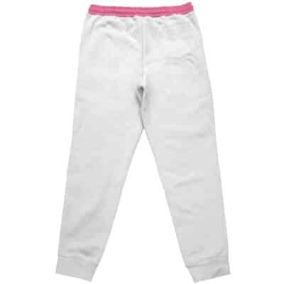 Back view of Hatsune Miku V2 Vocaloid Streetwear Sweatpants in white, featuring a pink elastic waistband and fitted ankle cuffs, laid flat on a white background.