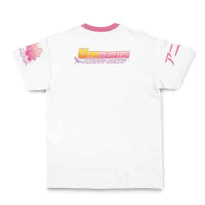 White T-shirt with mint green collar and sleeve cuffs, featuring Hatsune Miku V2 Vocaloid text and graphics in mint and blue on the back, plus additional mint designs on both sleeves.