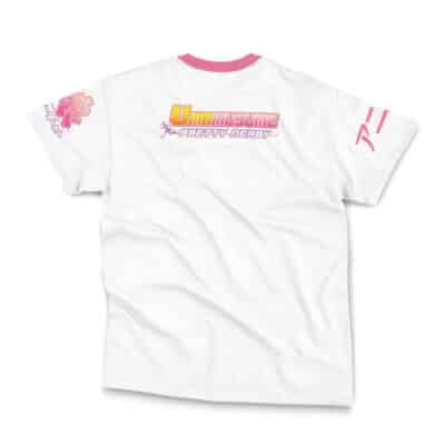 White t-shirt with aqua collar and sleeve edges, featuring the Hatsune Miku V2 Vocaloid Streetwear logo and text in aqua and white on the back, along with aqua graphics on both sleeves.