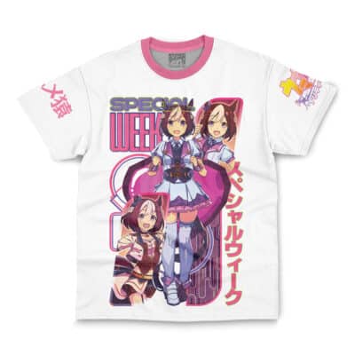 White T-shirt with pink collar and cuffs featuring Hatsune Miku V2 in colorful outfits, bold text, and Japanese characters on the front and sleeves. Product: Hatsune Miku V2 Vocaloid Streetwear T-Shirt (Copy).