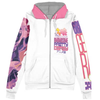 The Hatsune Miku V2 Vocaloid Streetwear Zip Hoodie Jacket features a white zip-up design, pink hood lining, colorful anime-style text on the front right and right sleeve, and a vivid pink-and-purple Hatsune Miku illustration on the left sleeve.