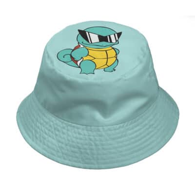 The Squirtle x Blastoise Evolution Pokemon Custom Bucket Hat is light blue and features Squirtle wearing black sunglasses, standing confidently on the front.