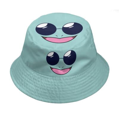 A light blue Squirtle Squad Pokemon custom bucket hat featuring a cartoon frog face with big round sunglasses, a smiling mouth, and pink tongue, printed twice on the front.