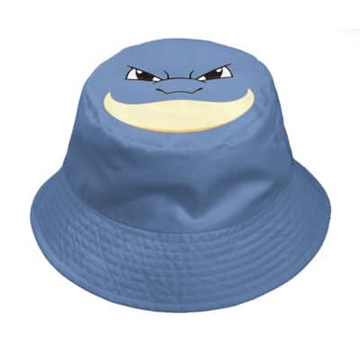 A light blue Bulbasaur x Venusaur Evolution Pokemon Custom Bucket Hat with angry eyes and a mischievous, wide yellow grin on the front.