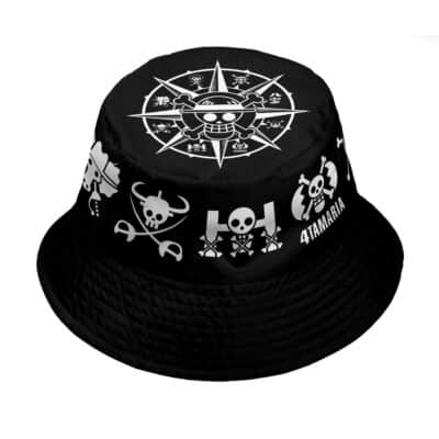 The Default Custom Bucket Hat (Copy) is a black hat with white pirate-inspired logos and skulls from One Piece, featuring the Straw Hat Pirates’ emblem on the front and other crew symbols around the sides.