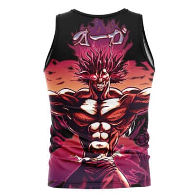 The Kaido Dragon Form One Piece Tank Top (Copy) showcases a fierce, muscular anime character with wild hair and glowing eyes, surrounded by vibrant red and purple energy on a dramatic background. Sleeveless design.