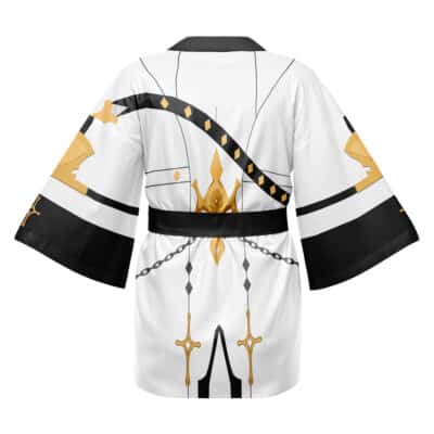 The Razor Genshin Impact Cosplay Happi Coat Haori Kimono is a white kimono-style coat with black and gold patterns—chains, diamonds, and crosses—shown from the back with a black collar and belt.