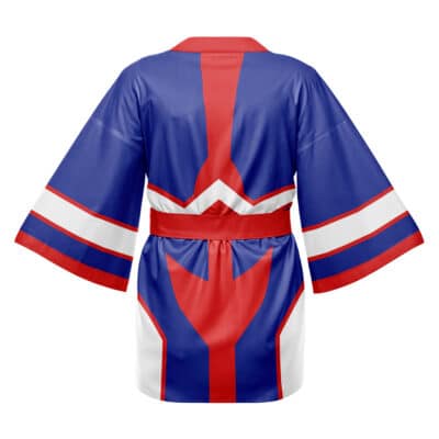 A Keigo Takami Hawks My Hero Academia Happi Coat Haori Kimono (Copy) in blue, featuring red and white geometric patterns and a matching belt, shown from the back with a superhero-inspired design.
