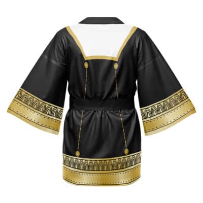 The Anya Spy X Family Happi Coat Haori Kimono (Copy) is a black kimono-style robe with gold geometric trim on the sleeves and hem, gold button accents, a white upper back panel, and a black waist belt.
