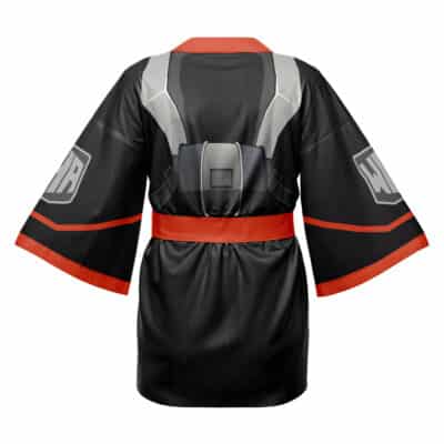 The All Might My Hero Academia Happi Coat Haori Kimono features a black kimono-inspired design with wide sleeves, red trim and belt, and armor-like gray, white, and black superhero designs on the back.