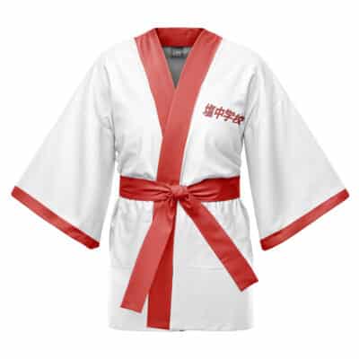 The Shigeo Kageyama Mob Psycho 100 Happi Coat Haori Kimono features a white martial arts jacket with wide sleeves, red trim on the collar and cuffs, a matching red belt at the waist, and red Japanese characters on the left chest.