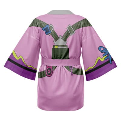 The Phoenix Valorant Happi Coat Haori Kimono features a pink and purple palette with playful mechanical hose, button, and bow graphics on the back and sleeves.