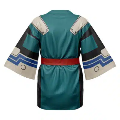 The Deku My Hero Academia Happi Coat Haori Kimono features a superhero-inspired teal, black, cream, and blue pattern with a red waist belt. This kimono-style robe with wide sleeves is shown from the back.