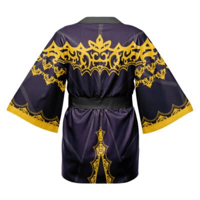 The Albedo Genshin Impact Cosplay Happi Coat Haori Kimono features wide sleeves, a black belt, and an ornate black, purple, and gold design with intricate patterns along the edges and center, shown from the back.
