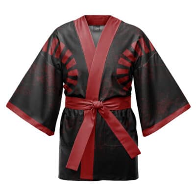 The Deku My Hero Academia Happi Coat Haori Kimono features wide sleeves, red trim and belt, a red sunburst pattern on the shoulders, black fabric, and a subtle distressed texture throughout.