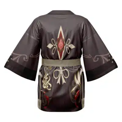The Kamisato Ayaka Genshin Impact Happi Coat Haori Kimono features wide sleeves, dark brown fabric with beige, gold, and red ornate geometric designs, a central diamond motif on the back, and a beige sash at the waist.