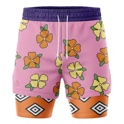 The 5th aJinbe Egghead Cosplay One Piece 2-in-1 Performance ShortsGear Luffy V2 One Piece 2-in-1 Performance Shorts feature a pink outer layer with bold yellow and orange flowers, and attached orange compression shorts beneath with black and white geometric diamond patterns.
