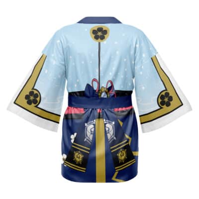 The Abyss Mage Genshin Impact Cosplay Happi Coat Haori Kimono features blue and white colors, floral motifs, gold and black trim, and a detailed navy sash with decorative patterns, viewed from the back.