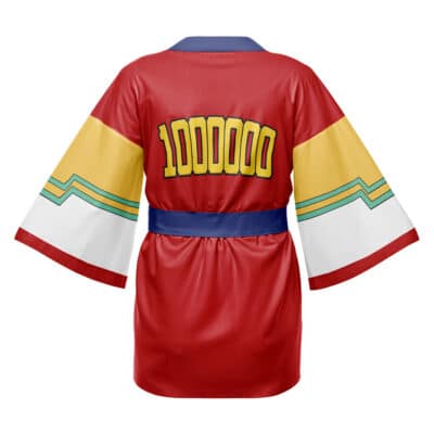 The Eijiro Kirishima My Hero Academia Happi Coat Haori Kimono features a red, yellow, and white design with wide sleeves, a blue waistband, and "1000000" in bold yellow text on the back.