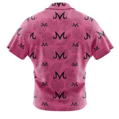The Default Button Up Hawaiian Shirt (Copy) is a short-sleeve pink shirt featuring large tropical leaf patterns and bold black “M” letters printed across the back.