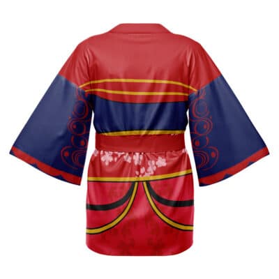 The Uta One Piece Happi Coat Haori Kimono (Copy) is a kimono-style robe with wide sleeves, red body, navy blue upper parts, yellow stripes, pink floral details, and circular sleeve patterns, shown from the back.