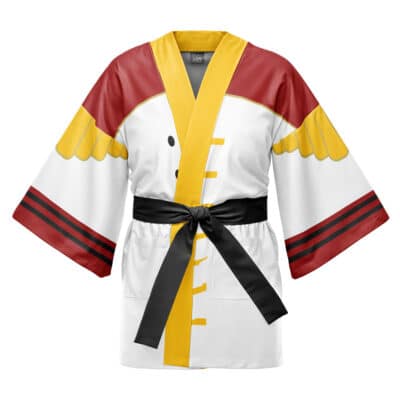 The Nico Robin Wano Arc One Piece Happi Coat Haori Kimono features red shoulders, yellow wing designs on white sleeves, a yellow front stripe, black belt, and black stripes near the cuffs. Inspired by a cartoon bird in kimono style.