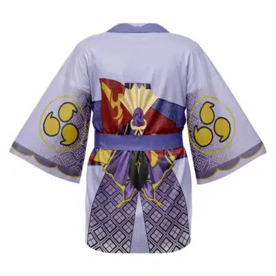 The Kaedehara Kazuha Genshin Impact Cosplay Happi Coat Haori Kimono features a lavender color, wide sleeves, bold geometric patterns, gold and purple accents, and a striking back design with fans and symbols.
