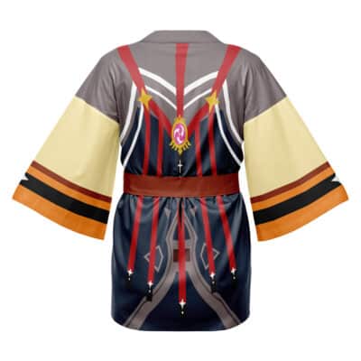 The Yae Miko Genshin Impact Cosplay Happi Coat Haori Kimono features wide beige sleeves, a brown belt, and a colorful back design with red straps, gold stars, a pink emblem, and gray geometric patterns.
