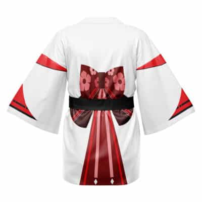 The Sharkboo Zenless Zone Zero Happi Coat Haori Kimono is a white kimono-style robe with wide sleeves, red accents, a large red and pink floral bow at the back, and a black obi sash.