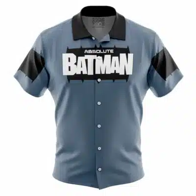 The Yeagerist Short Sleeve Button Up Hawaiian Shirt features gray fabric with a black collar and black shoulder accents, plus "ABSOLUTE BATMAN" in bold white letters across the chest.