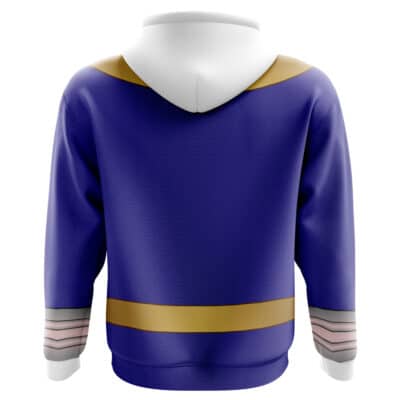 The Gokai Red Cosplay Kaizoku Sentai Gokaiger Hoodie (Copy) features a blue back, white hood, gold horizontal stripes across the back and near the hem, and gray-striped sleeves with white cuffs.
