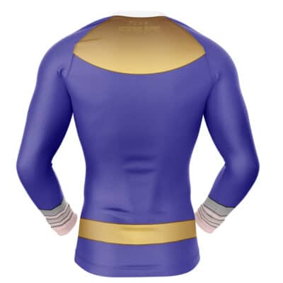 The Gokai Red Cosplay Kaizoku Sentai Gokaiger Long Sleeve Rash Guard Compression Shirt features a fitted, purple body with gold shoulder and waist accents, plus gray and white cuff details, shown from the back.
