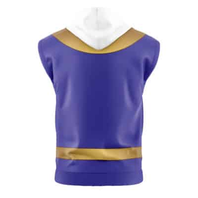 The Gokai Red Cosplay Kaizoku Sentai Gokaiger Sleeveless Hoodie (Copy) is shown from the back, displaying a purple body with gold bands on the shoulders and lower back, plus a white hood.