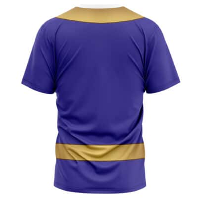 The Gokai Red Cosplay Kaizoku Sentai Gokaiger T-Shirt (Copy) is a purple short-sleeve athletic shirt seen from the back, featuring wide gold bands across the lower back and shoulders.