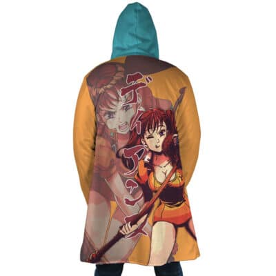 A person wearing the Rudeus Greyrat Cosplay Mushoku Tensei Dream Cloak Coat featuring an anime-style illustration of a female warrior with red hair and a spear on an orange background with Japanese text.