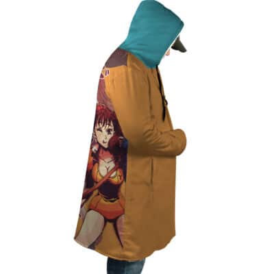 A person wearing the Rudeus Greyrat Cosplay Mushoku Tensei Dream Cloak Coat, a long tan coat with a turquoise hood and a colorful side design featuring a red-haired anime character in an orange outfit, shown in a side view.
