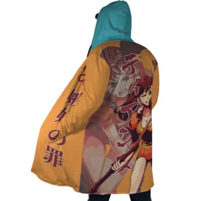 A person wearing the Rudeus Greyrat Cosplay Mushoku Tensei Dream Cloak Coat featuring vibrant anime art, Japanese text on the sleeve and back, and a blue-green hood, is shown from behind.