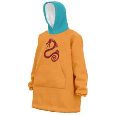 The Rudeus Greyrat Cosplay Mushoku Tensei Oversized Blanket Hoodie features an orange fleece poncho design with a large front pocket, teal hood lining, and a maroon dragon graphic on the chest.